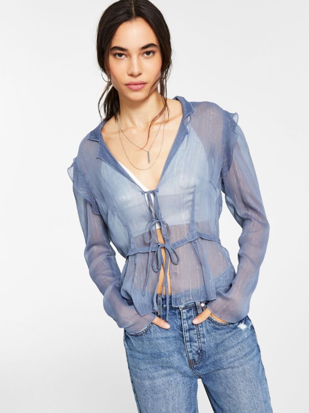 Leyden Womens Sheer Tie-Front Top